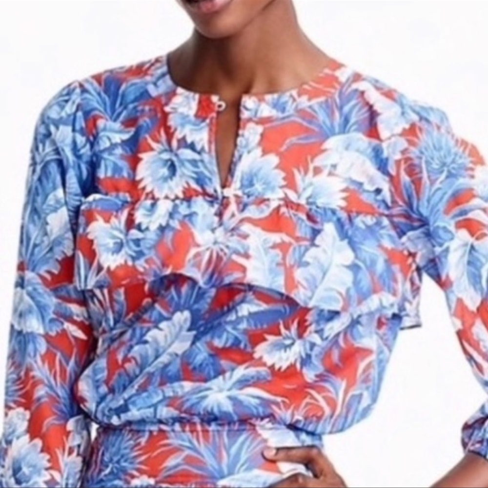 J.CREW Ratti Rio Ruffle Bust Floral Blouse Red Blue Size XS - Picture 2 of 8